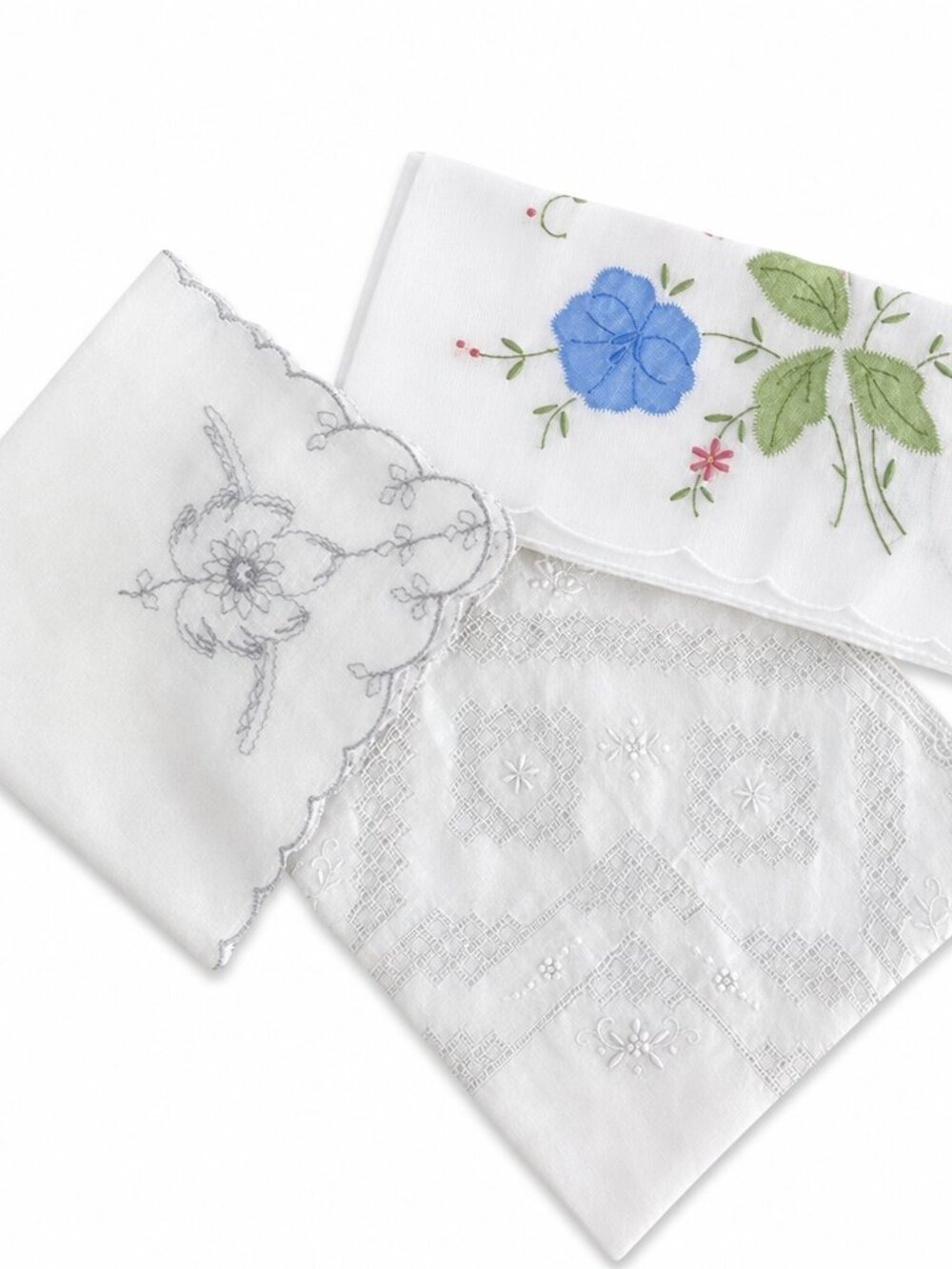 Vintage Lot of 3 Ladies Handkerchiefs – Floral, Scalloped Edge, White & Gray Des